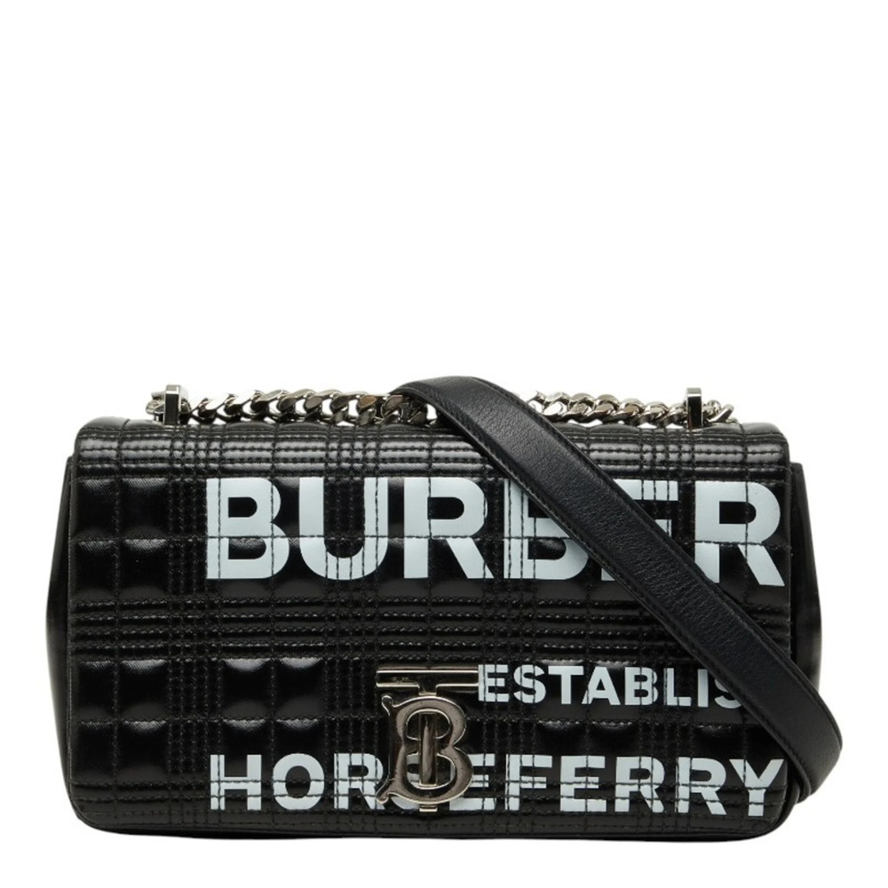 Burberry Horseferry TB Logo Quilted Chain Shoulder Bag, Black Leather, Women'...